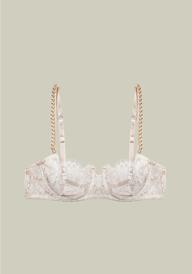 Feathers of a Swan Balconette Bra second angle view highlighting exquisite pearl detail on straps