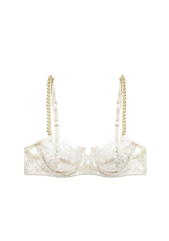 Feathers of a Swan Balconette Bra flat lay front view showing cream French lace with pearl trimmed straps