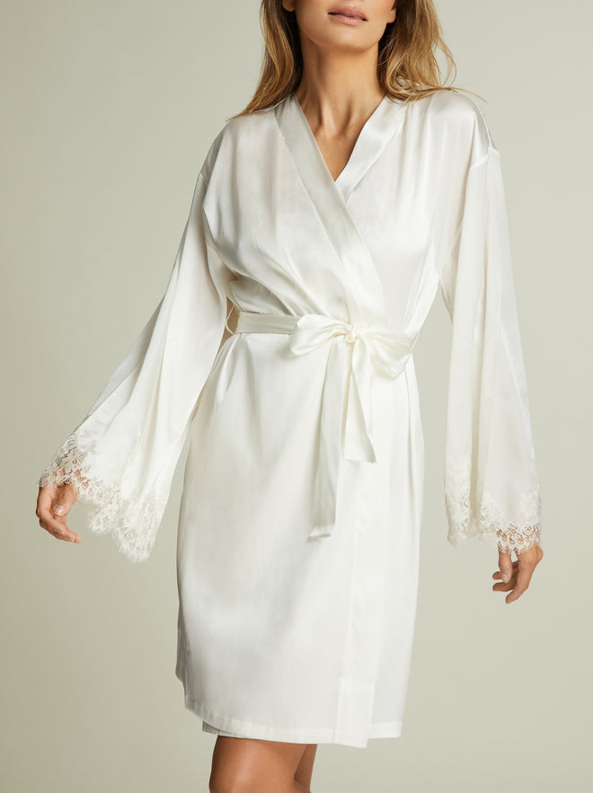 Hôtel Particulier Robe in Cream front view showing wrap style with tie belt