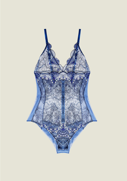 Venetian Glass Bodysuit in Blue Jeans flat lay showing entire garment pattern