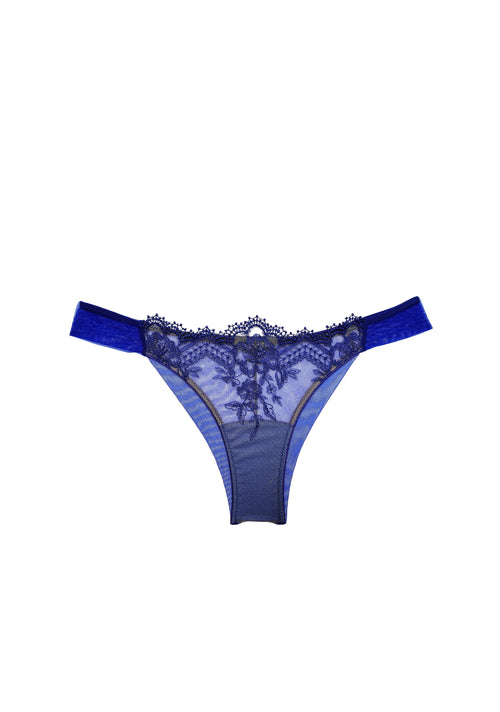 Pack shot of Villa d'Este Thong in Royal Blue featuring lace embroidery
