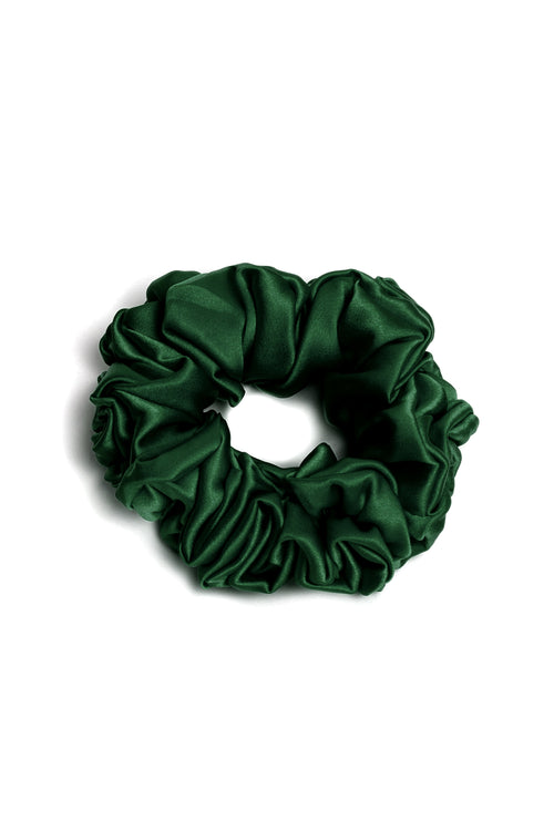 Maria Narrow Scrunchie in Mermaid flat lay product view showing deep green color