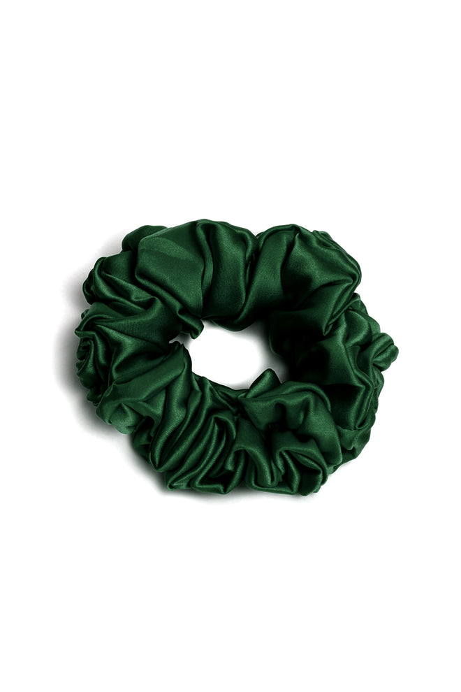 Maria Narrow Scrunchie in Mermaid flat lay product view showing deep green color