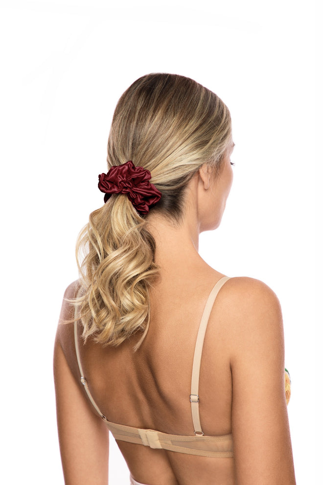 Maria Narrow Scrunchie in Scarlett shown on model with ponytail