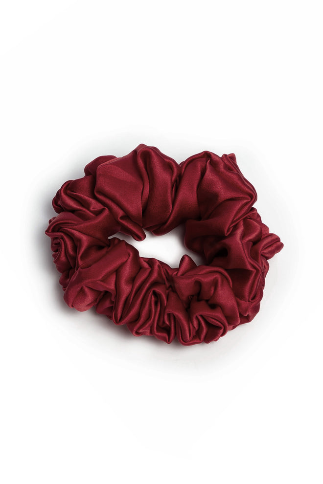 Maria Narrow Scrunchie in Scarlett flat lay product view showing rich red color