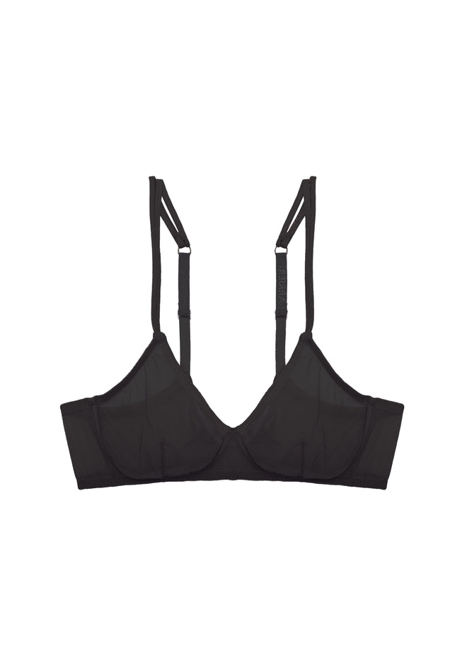 Gia Triangle Bra flat lay product shot showing minimalist black design with double straps and triangle cup shape