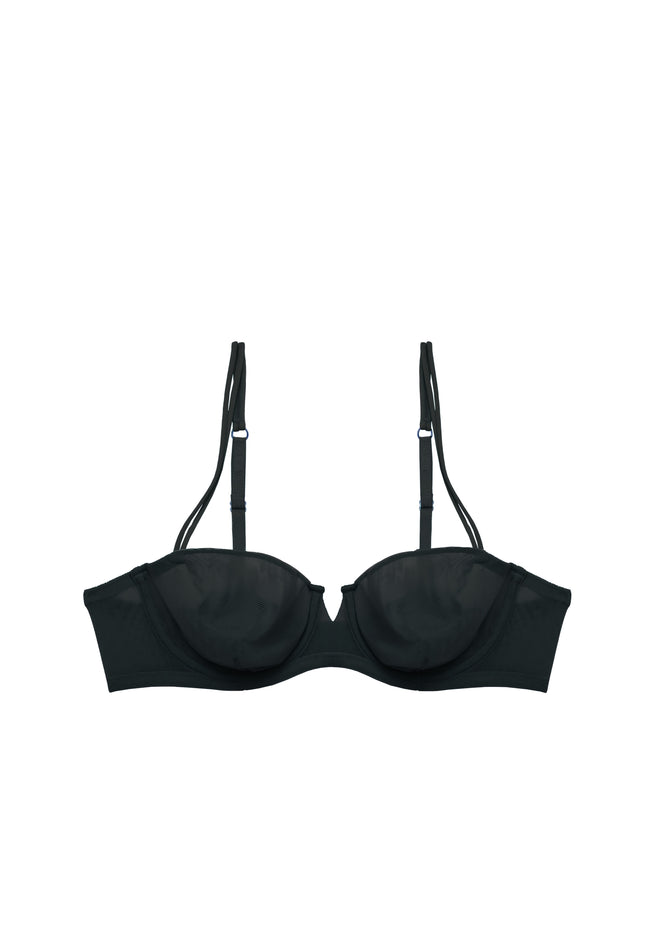 Gia Balconette Bra flat lay product shot displaying simple black design with minimal details