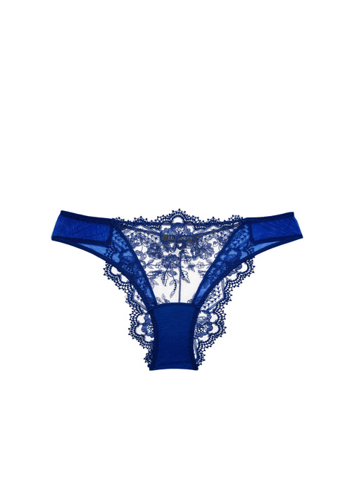Pack shot of Villa d'Este Tanga style underwear in royal blue with transparent embroidered panel