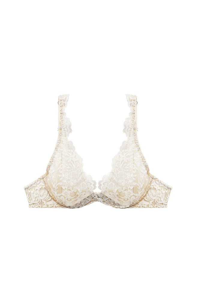 Royal Jewel Underwired Triangle Bra in Cream Gold product flat lay showing delicate lace