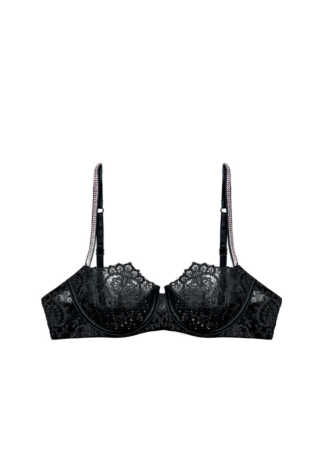 Girls Love Diamonds Crystals Embellished Balconette Bra in Black