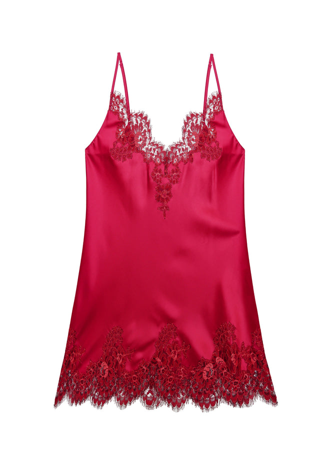 Hôtel Particulier Mini Chemise in Raspberry flat lay showing bright pink silk with lace neckline