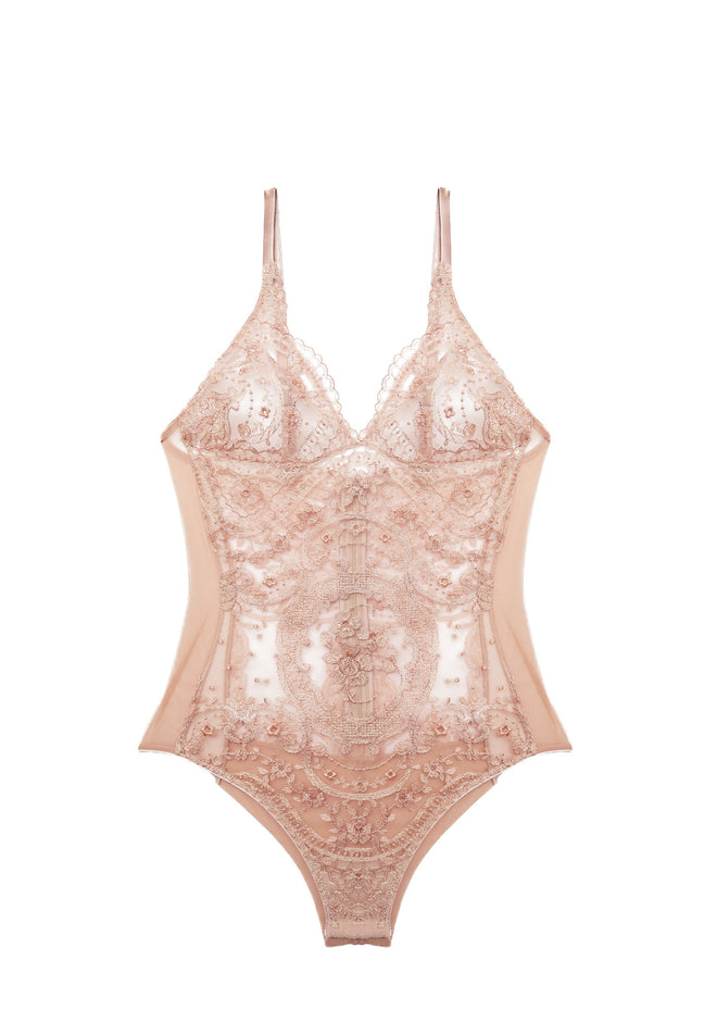 Belle Rose Bodysuit in Rose Opaline front view showing delicate floral lace patter