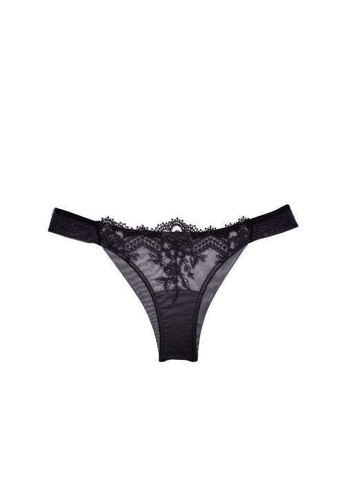 Villa d'Este Thong in Black product detail showing floral lace front panel