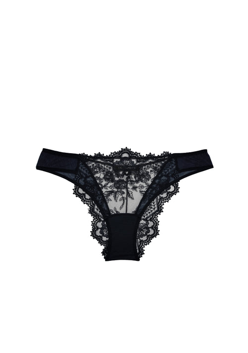 Villa d'Este Brazilian Thong in Black product detail displaying scalloped lace trim