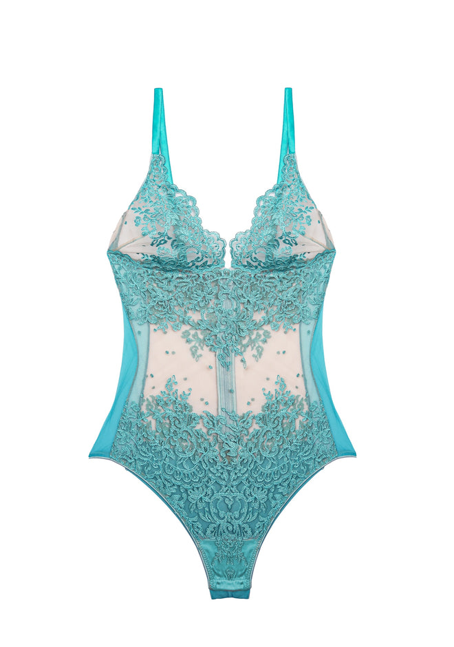 Royal Jewel Bodysuit in Aquamarine front view showing bright turquoise lace on sheer fabric