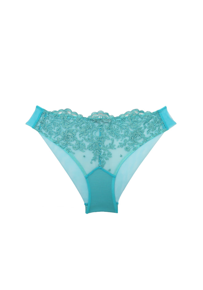 Royal Jewel Medium Brief in Aquamarine product detail displaying vibrant blue color with embroidered lace front