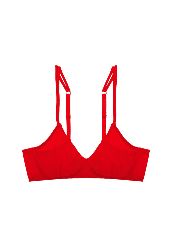 Gia Triangle Bra in Red product flat lay showing minimalist design