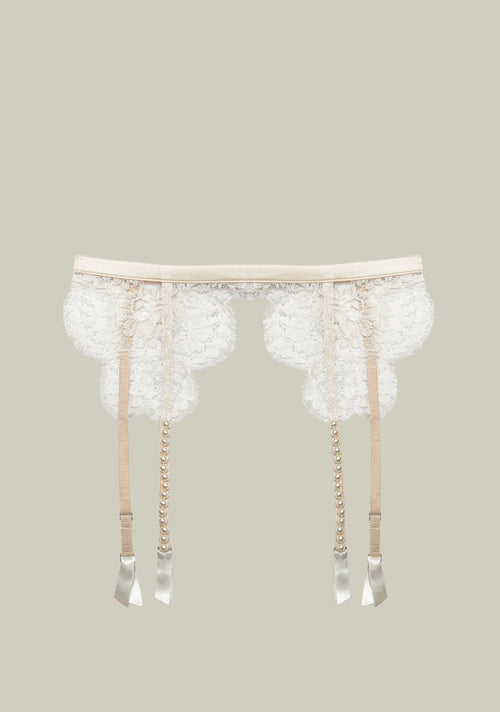 Feathers of a Swan Suspender Belt in Cream close up view of pearl details
