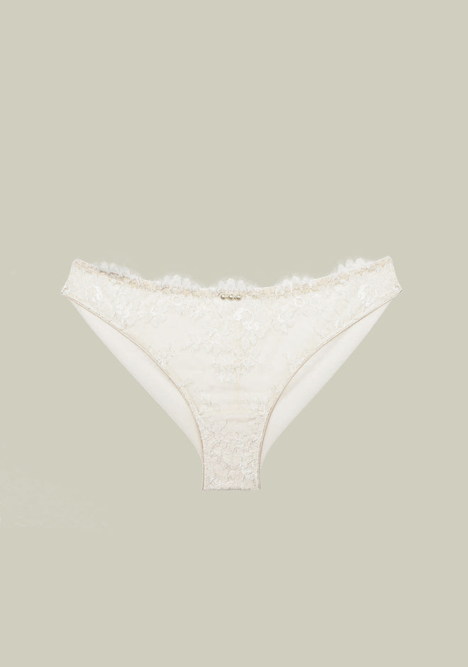 Pack shot of Feathers of Swan Brazilian Brief in cream color with delicate lace detailing