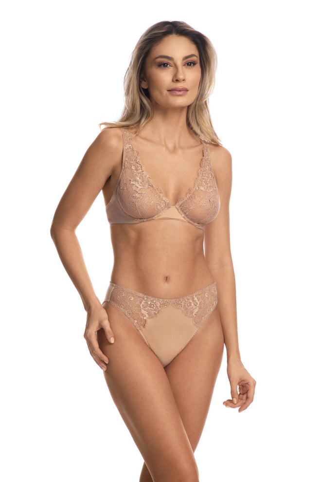 Anna Lace Detail High Leg Brief in Beige full body view showing flattering silhouette