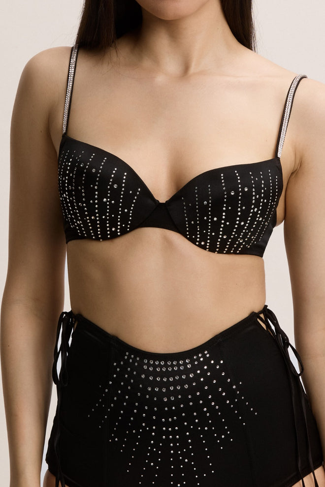 Girls Love Diamonds Crystals Embellished Padded Push Up Bra in Black