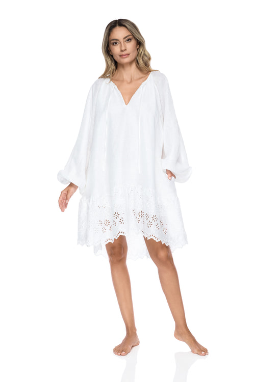 Positano Long Sleeve Dress in White Linen