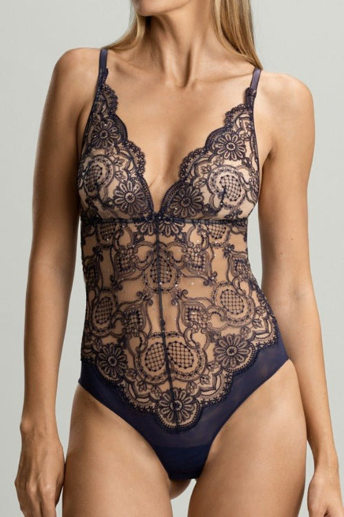 Evening Extravaganza Swarovski Crystals Embellished Bodysuit in Deep Bleumarine - I.D. Sarrieri