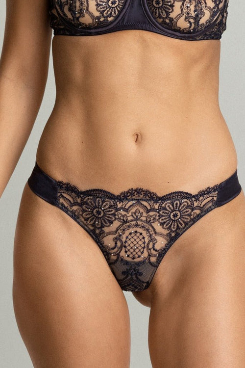 Evening Extravaganza Swarovski Crystals Embellished Thong in Deep Bleumarine