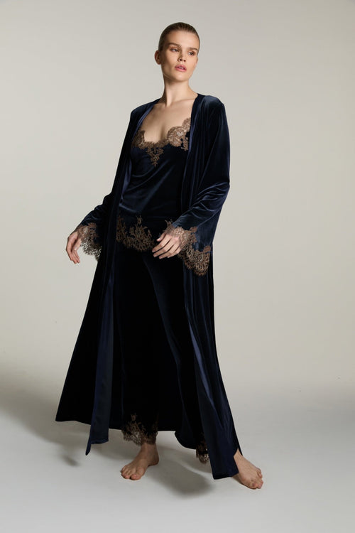 Rose Imperial Long Robe in Navy/Mink - I.D. Sarrieri
