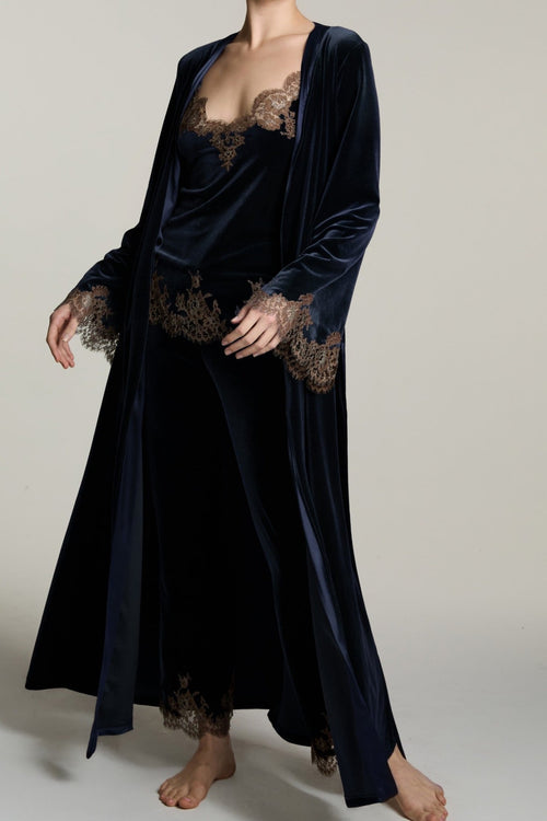Rose Imperial Long Robe in Navy/Mink - I.D. Sarrieri