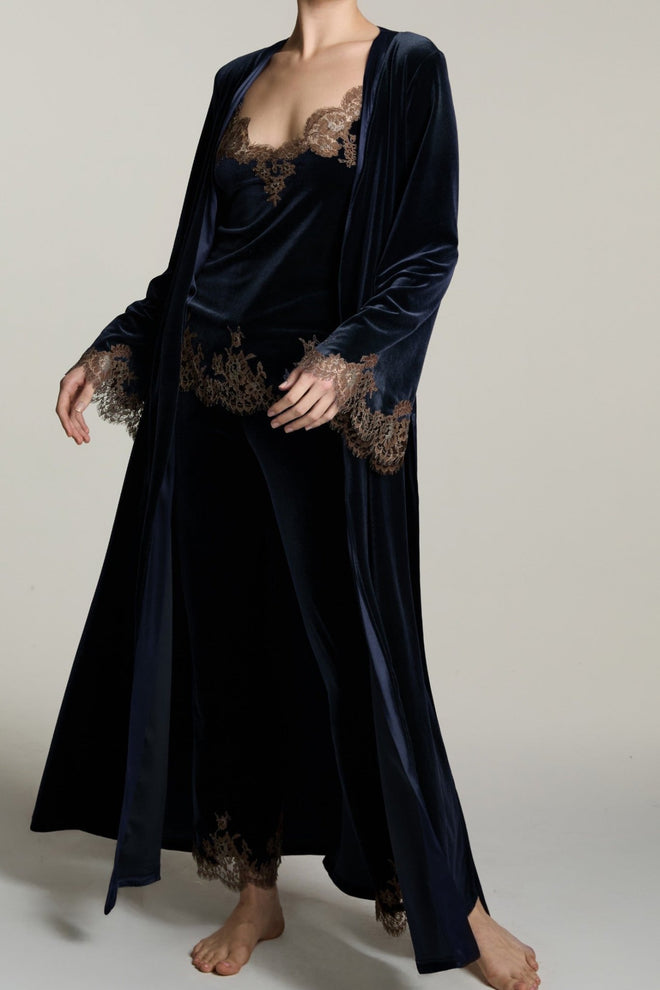 Rose Imperial Long Robe in Navy/Mink - I.D. Sarrieri